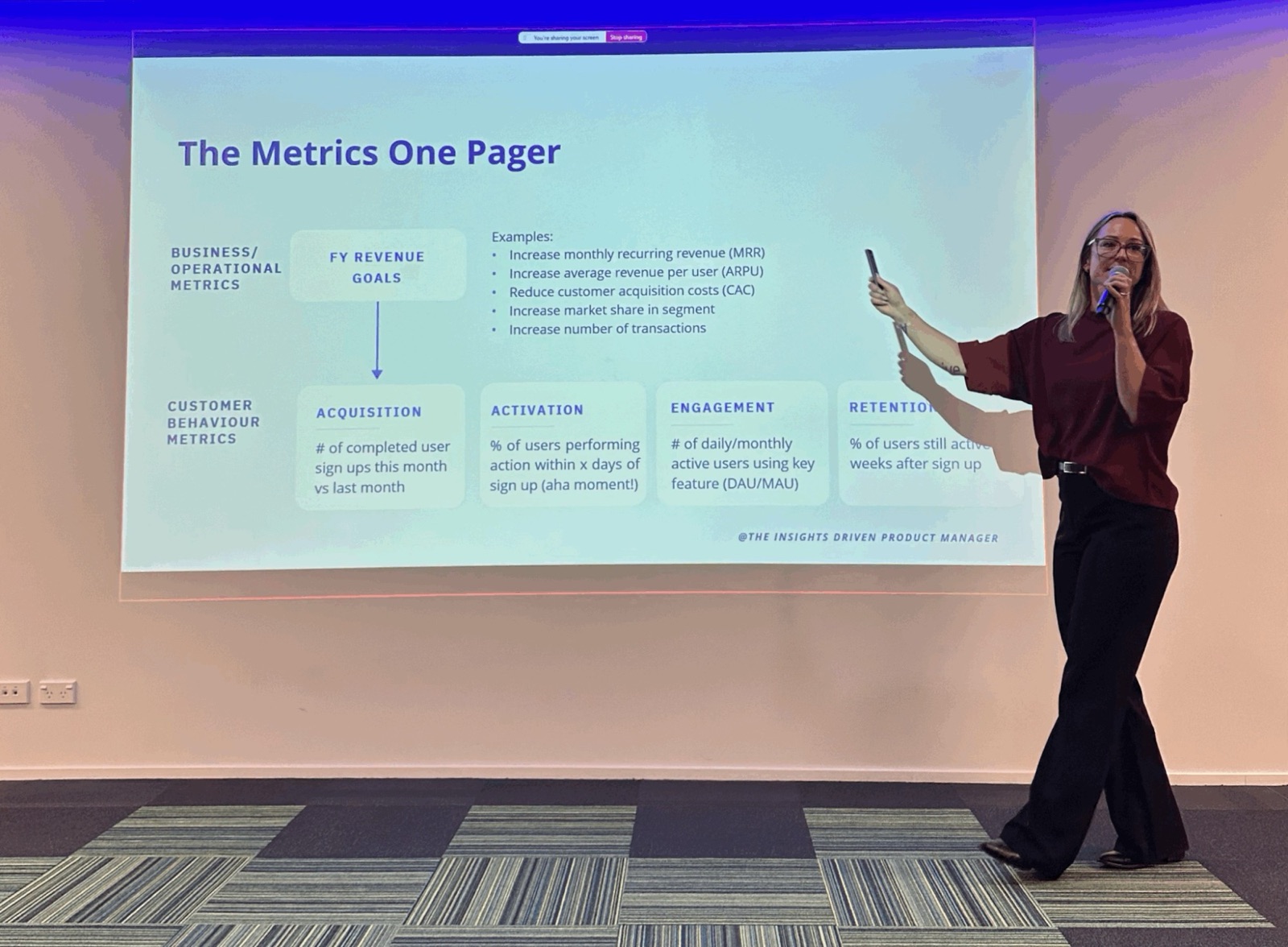 Corinna teaching the Metrics One Pager framework in a workshop